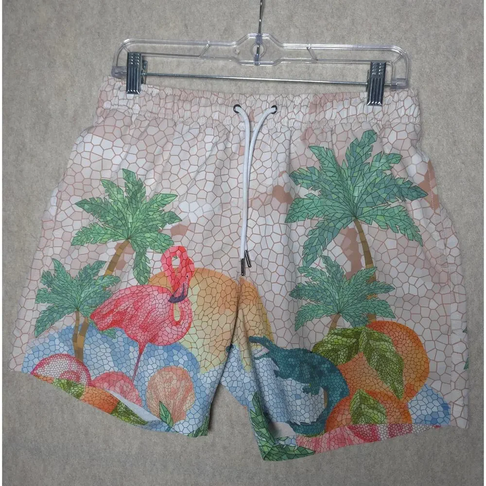 MAVRANS Mosaic Flamingo & Alligator Cabana Set | Shirt & Swim Trunks (Large)